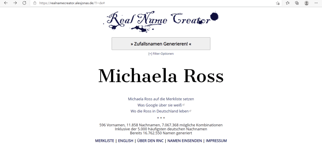 Screenshot eines Ergebnisses aus dem Real Name Generator : Michaela Ross