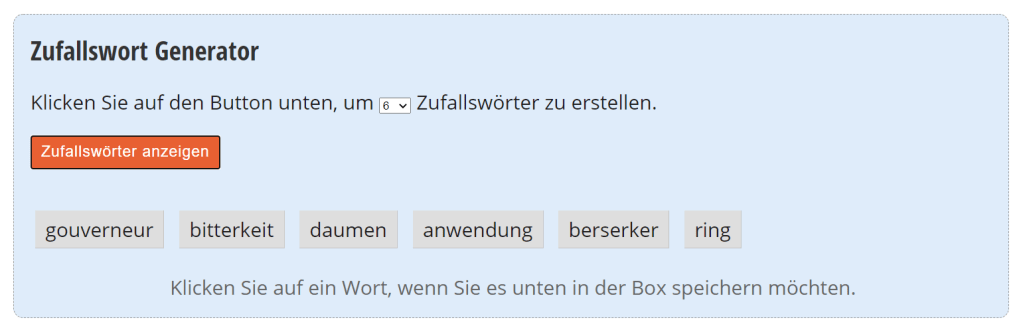 Screenshot des Zufallswort-Generator der Website Textfixer
