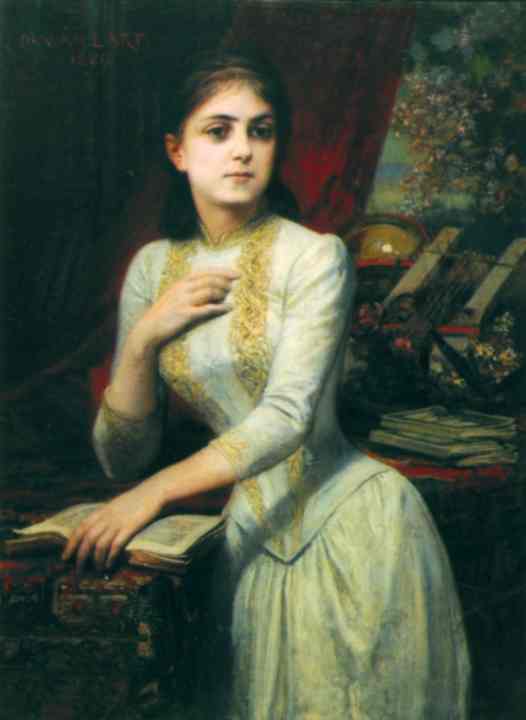 Die rumänische Schriftstellerin Julia Hasdeu in der Bibliothek - Malerei von Maillart, D. aus der Sammlung des INP - National Heritage Institute, Bucharest (Public Domain - Europeana)