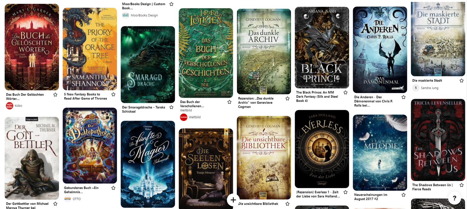 Fantasy-Buchcover, die ich als "klassisch" bezeichnen würde (Screenshot meiner Pinterest-Pinnwand).