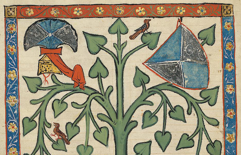 Ausschnitt aus einer mittelalterlichen Buchmalerei aus dem Codex Manesse mit Lindenblättern, Helm und Schild und zwei Vögeln