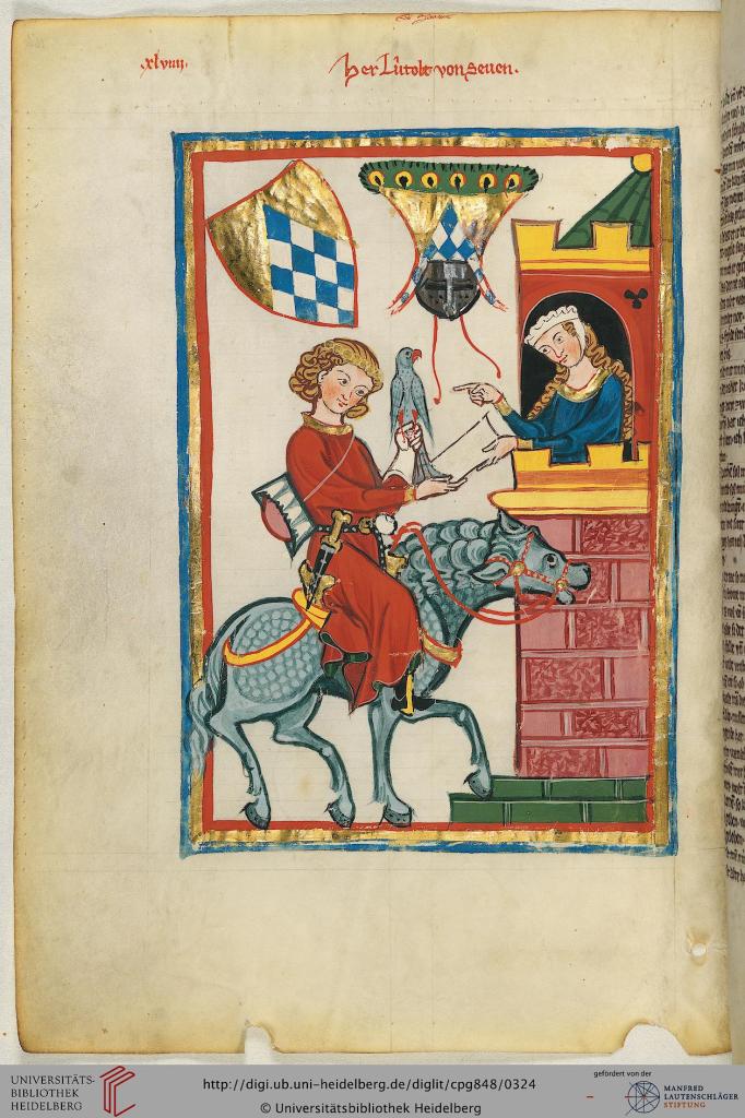 Ein Ritter auf einem kleinen grauen Pferd gibt einer Burgdame einen Brief