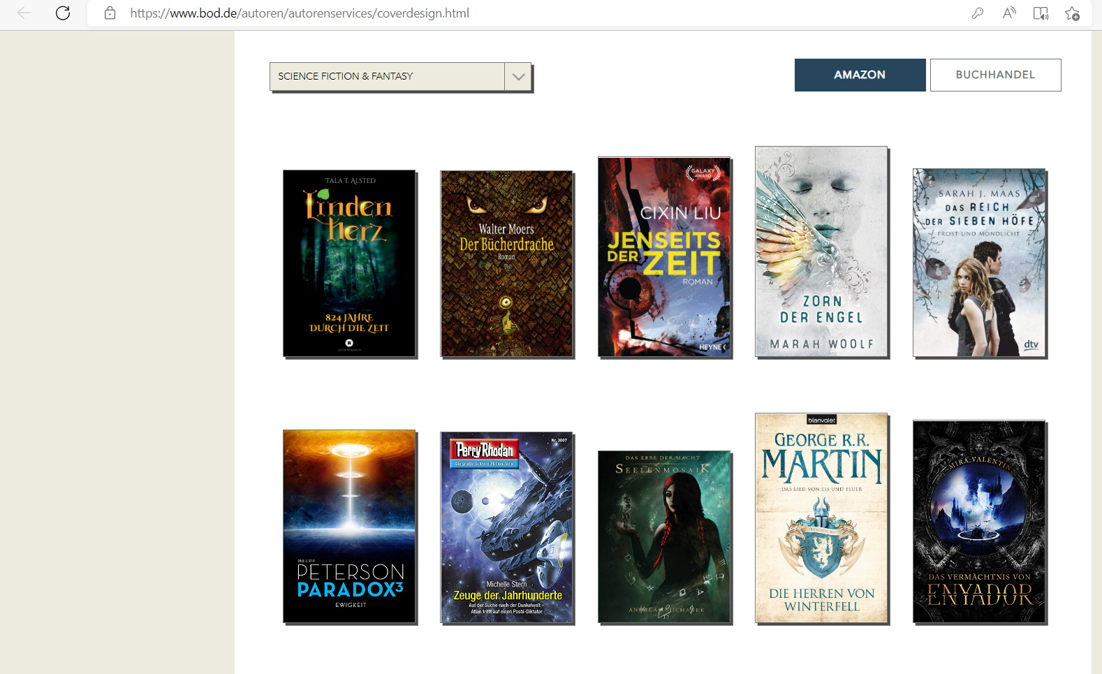Screenshot vom BOD-Coververgleich - ganz links oben mein Cover. Man kann dann zwischen verschiedenen Buchgenres wählen sowie zwischen Amazon und Buchhandel.