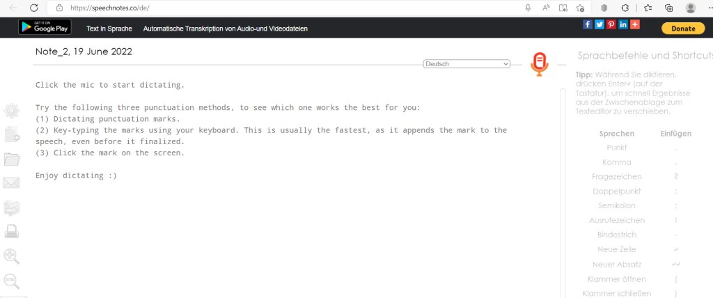 Screenshot von der Web-App Speechnotes