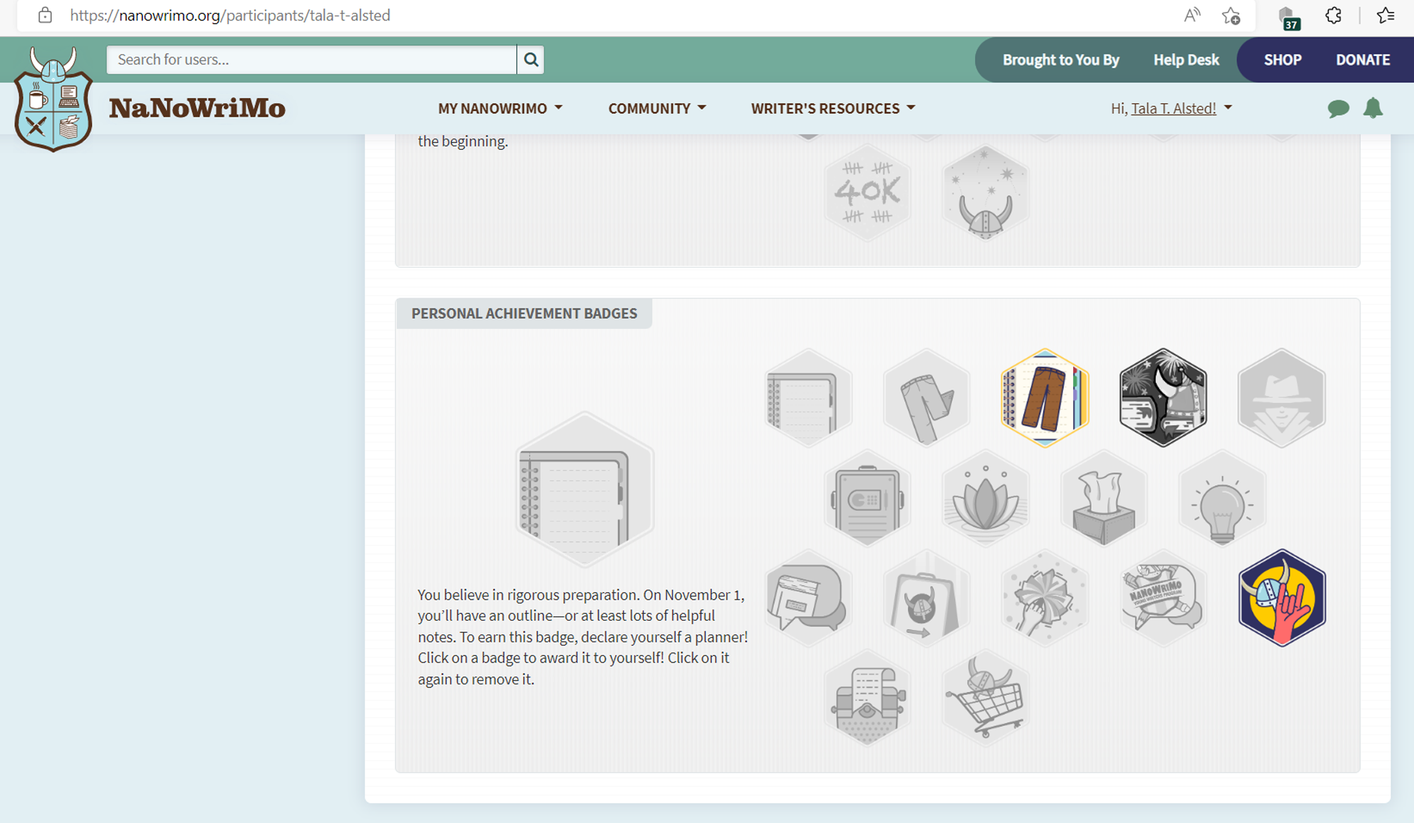 Screenshot vom NaNoWriMo-Dashboard mit Personal Achievement Batches