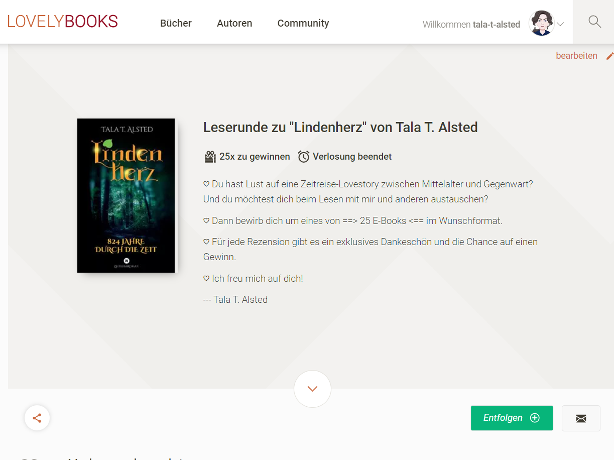 Screenshot Leserunde zu "Lindenherz" von Tala T. Alsted