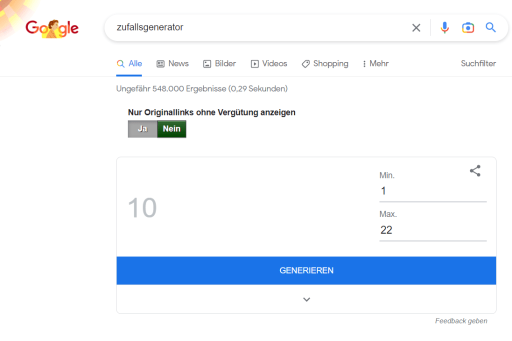 Screenshot von Google Zufallsgenerator - er zeigt die Zahl 10 an