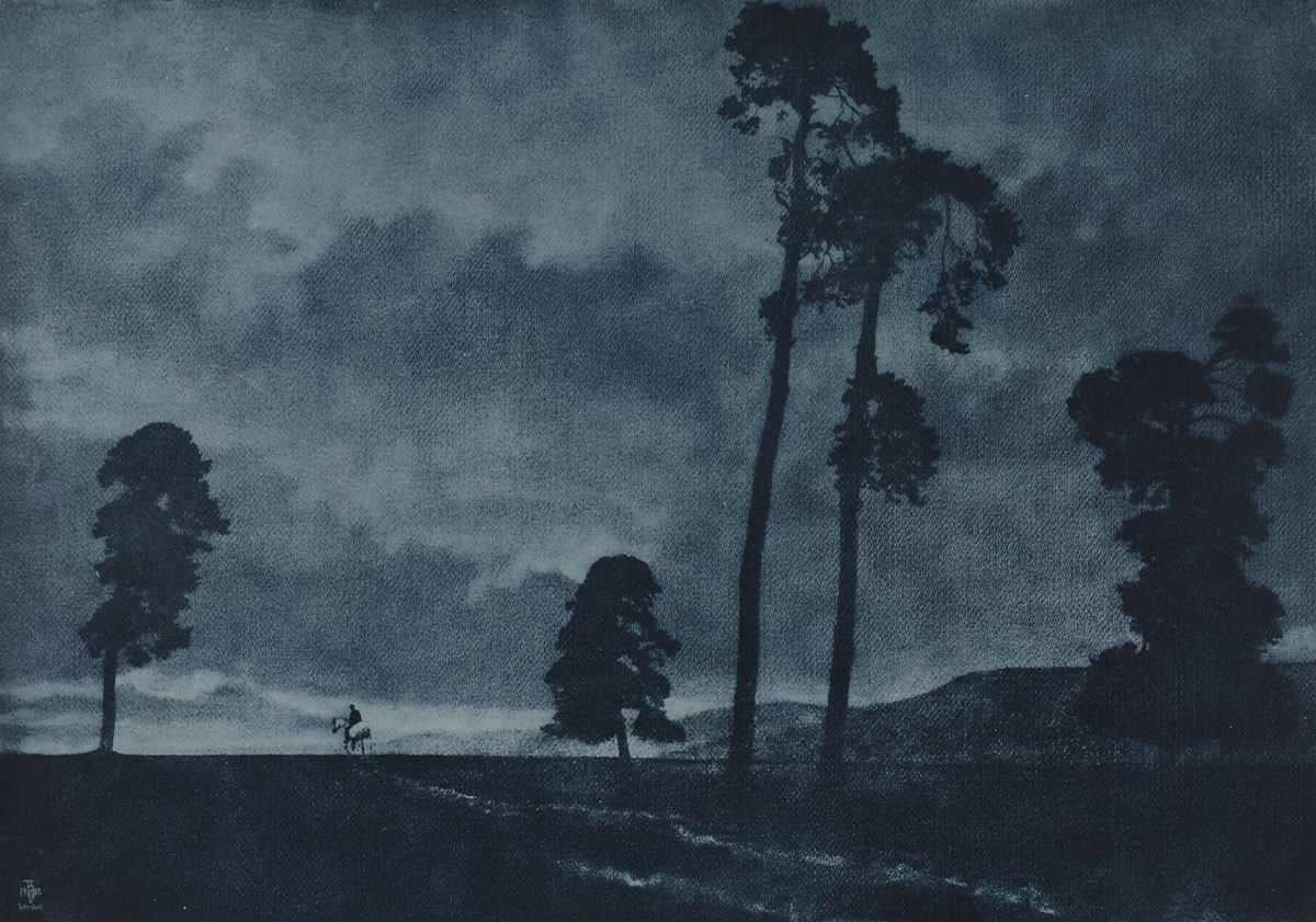 Dunkler Hintergrund, Zeichnung mit Bäumen und Reiter