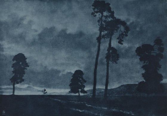 Dunkler Hintergrund, Zeichnung mit Bäumen und Reiter