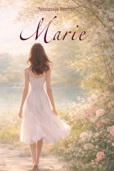 Buch-Cover "Marie" von Nastassja Böcher mit einer Frau in weißem Kleid, die in die Natur geht