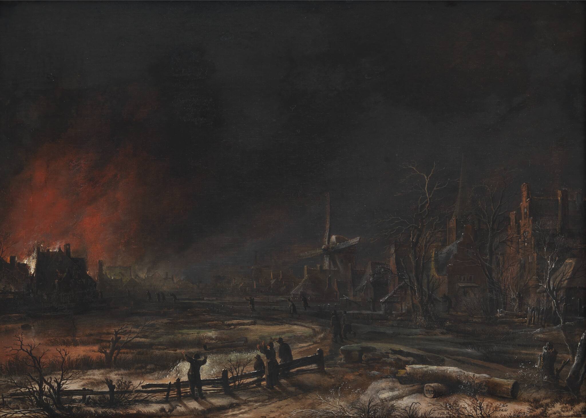 Dunkle nächtliche Landschaft mit einem brennenden Dorf im Hintergrund, Bild von Aert van der Neer aus der Sammlung des Statens Museum for Kunst.