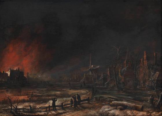 Dunkle nächtliche Landschaft mit einem brennenden Dorf im Hintergrund, Bild von Aert van der Neer aus der Sammlung des Statens Museum for Kunst.